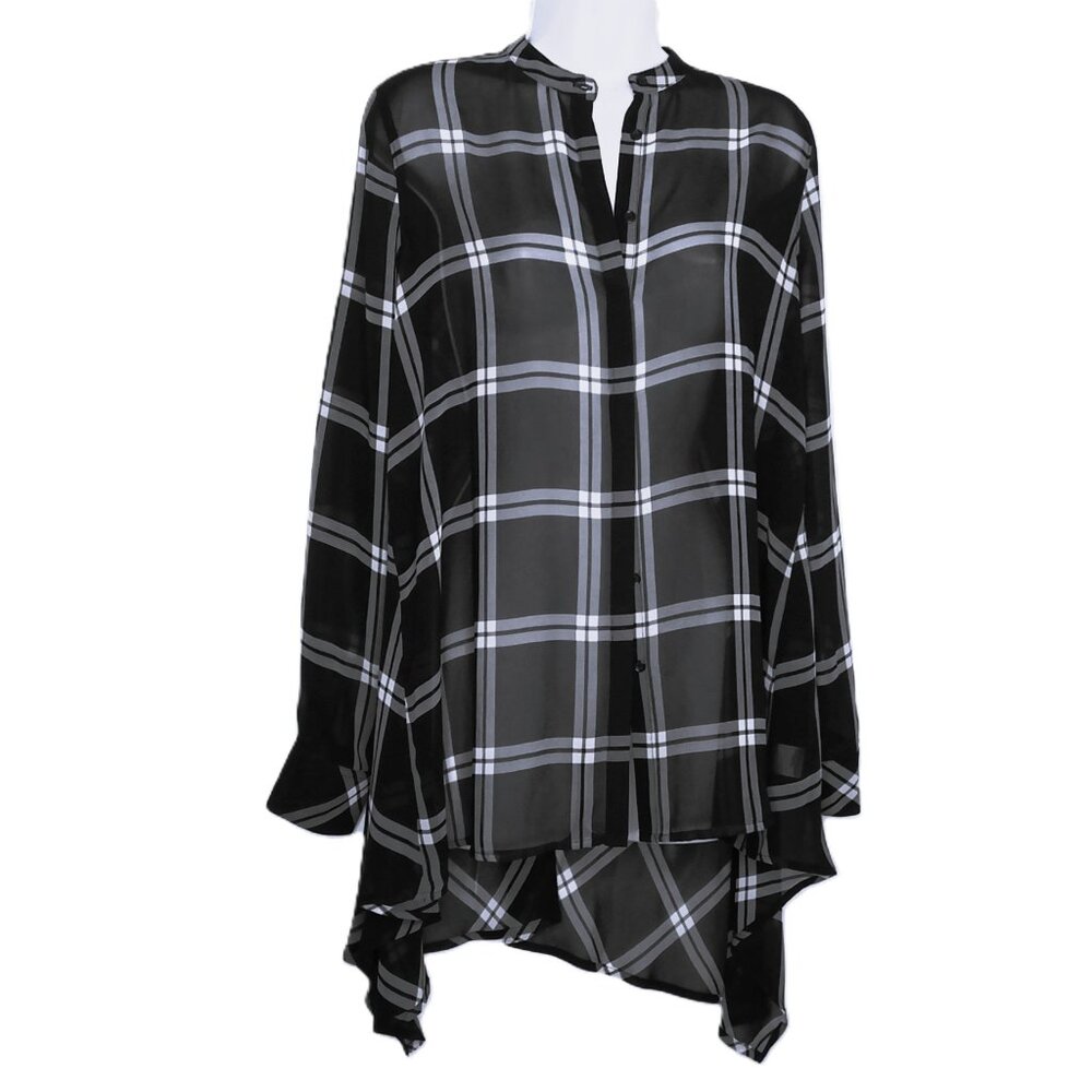a.n.a. A NEW APPROACH Plaid Tunic Top Semi Sheer Assymetrical Black Gray White S